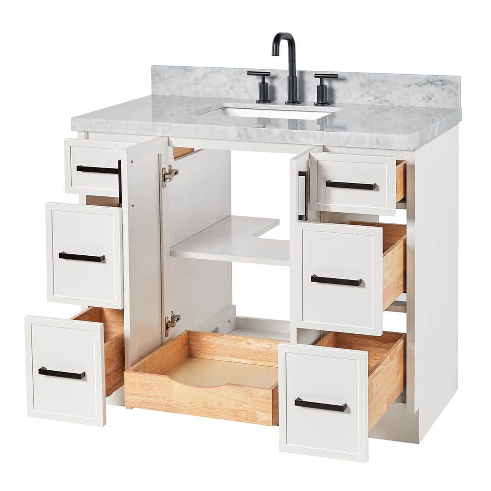 Kelly 43" White Wood Single Vanity with Carrara Marble Top