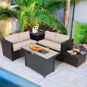 5-Piece Patio Rattan Furniture Set Fire Pit Table w/Cover Storage Beige Cushion