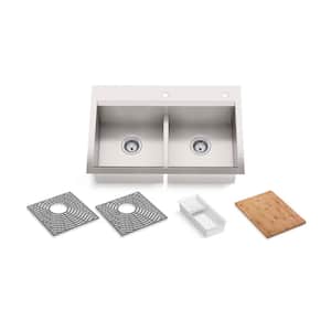 Task Workstation 33 in. Drop-in/Undermount Smart Divide Double Bowl Stainless Steel Kitchen Sink with 2 Faucet Holes