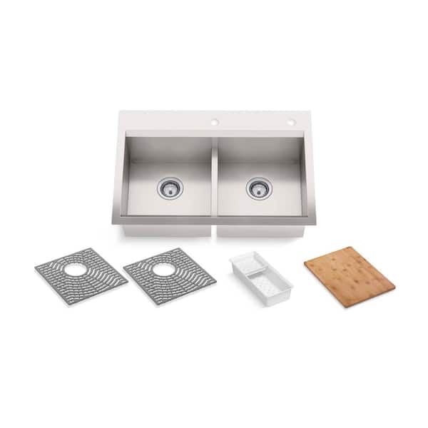 KOHLER Task Workstation 33 in. Drop-in/Undermount Smart Divide Double Bowl Stainless Steel Kitchen Sink with 2 Faucet Holes