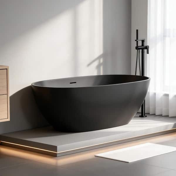 JUNO 65 in. Solid Surface Stone Resin Thin Edge Flatbottom Non-Whirlpool Bathtub in Matte Black