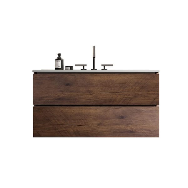 35.82 in. W x 18.3 in. D x 21.10 in. H Wall-Mounted Bath Vanity Set in Walnut with White Ceramic Top