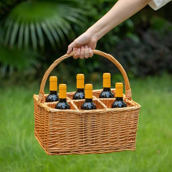 WICKERWISE 6 Bottle Wine and Beverage Wicker Tote Basket Perfect