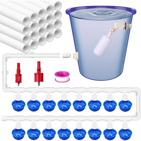 86-Piece Automatic Refill Chicken Waterer System with Valve Controlled Poultry Cups and PVC Tee Fittings for Quail Duck