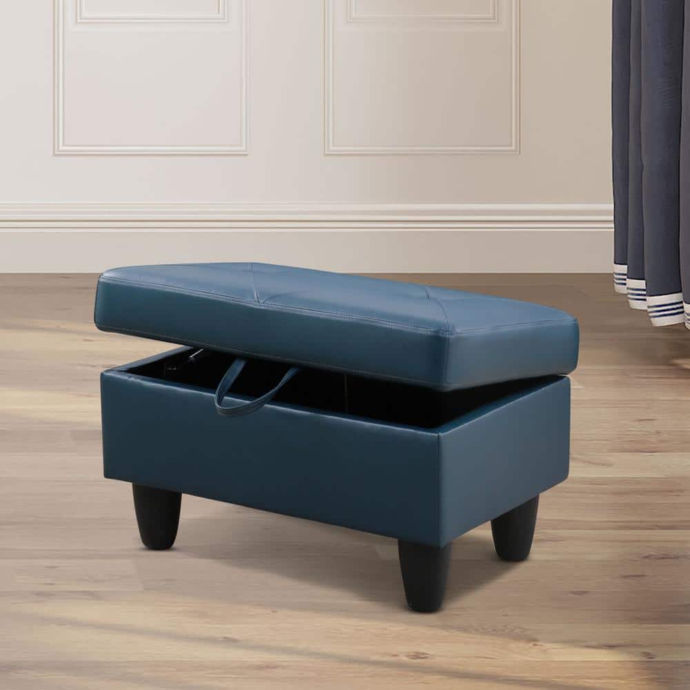 28.5 in. W Deep Blue Faux Leather Rectangle Ottoman with Storage