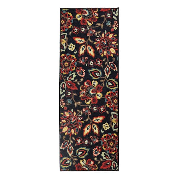 Berber Collection Floral Black 26 in. W x 36 in. L Stair Runner 6.5 sq. ft.