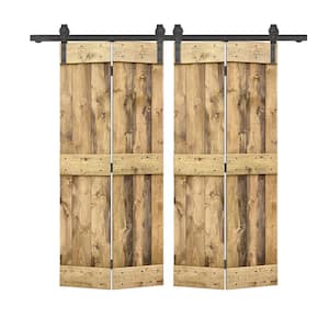44 in. x 84 in. Mid-Bar Series Weather Oak Stained DIY Wood Double Bi-Fold Barn Doors with Sliding Hardware Kit