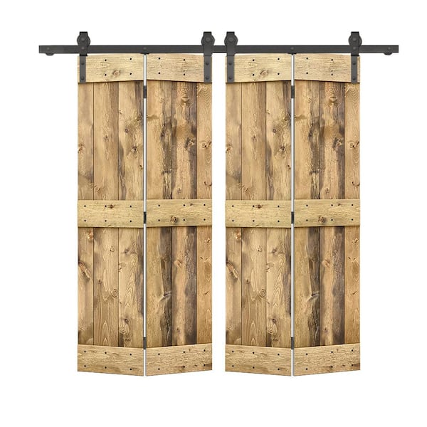 CALHOME 48 in. x 84 in. Mid-Bar Solid Core Weather Oak Stained DIY Wood Double Bi-Fold Barn Doors with Sliding Hardware Kit