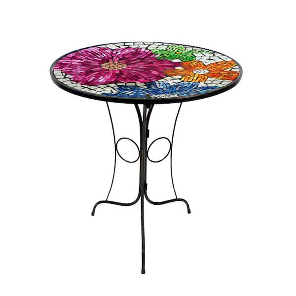 Alpine Corporation 18 in. Round Indoor/Outdoor Metal Decorative Table with Multi-Color Floral Mosaic Tile Top