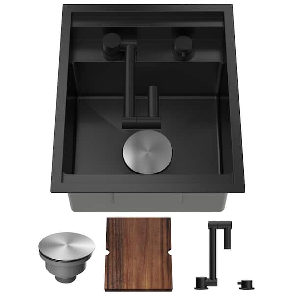 15 in. Drop-in/Undermount Single Bowl Gunmetal Gray Stainless Steel RV Bar Sink with Cutting Board