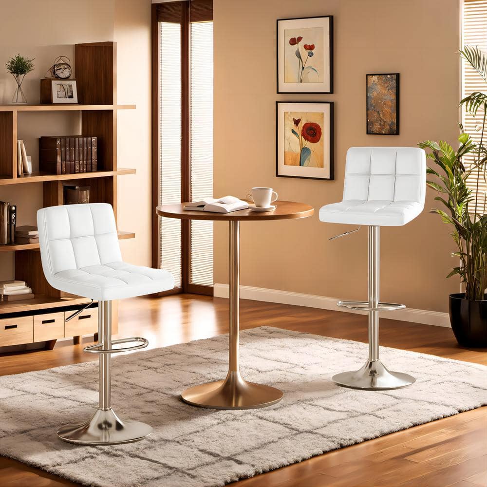White Adjustable Metal Bar Stool Set with Faux Leather and Swivel