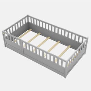 Gray Wood Frame Twin Size Platform Bed with Super High Security Barrier, Door