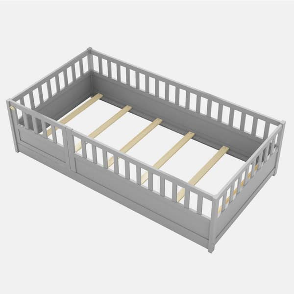 wetiny Gray Wood Frame Twin Size Platform Bed with Super High Security Barrier, Door