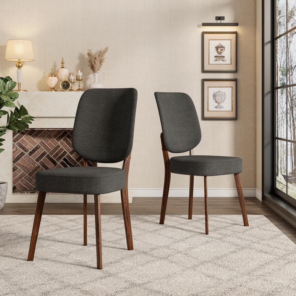 Charcoal Gray Linen Upholstered Side Chair with Walnut Wood Legs