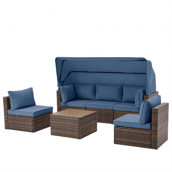 DENISLAWN Brown Wicker Outdoor Patio Furniture Set, 6-Piece Sectional Sofa with Canopy, Table, and Blue Cushion