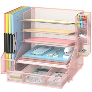 Pink 16.34 in. x 12.4 in. Metal 5-Compartment Desk Magazine Holder