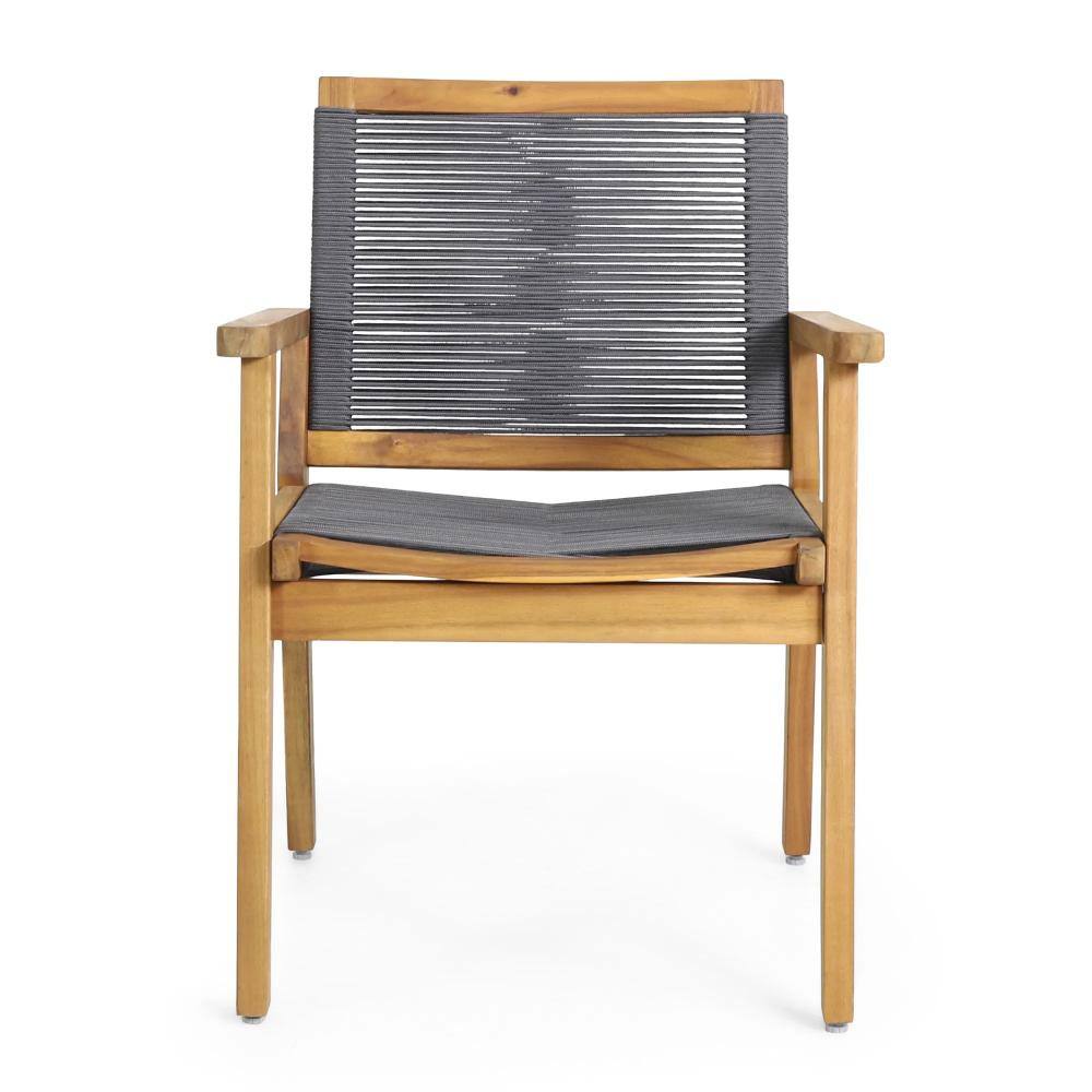 Set of 2 Teak and Dark Gray Rope Outdoor Dining Chairs