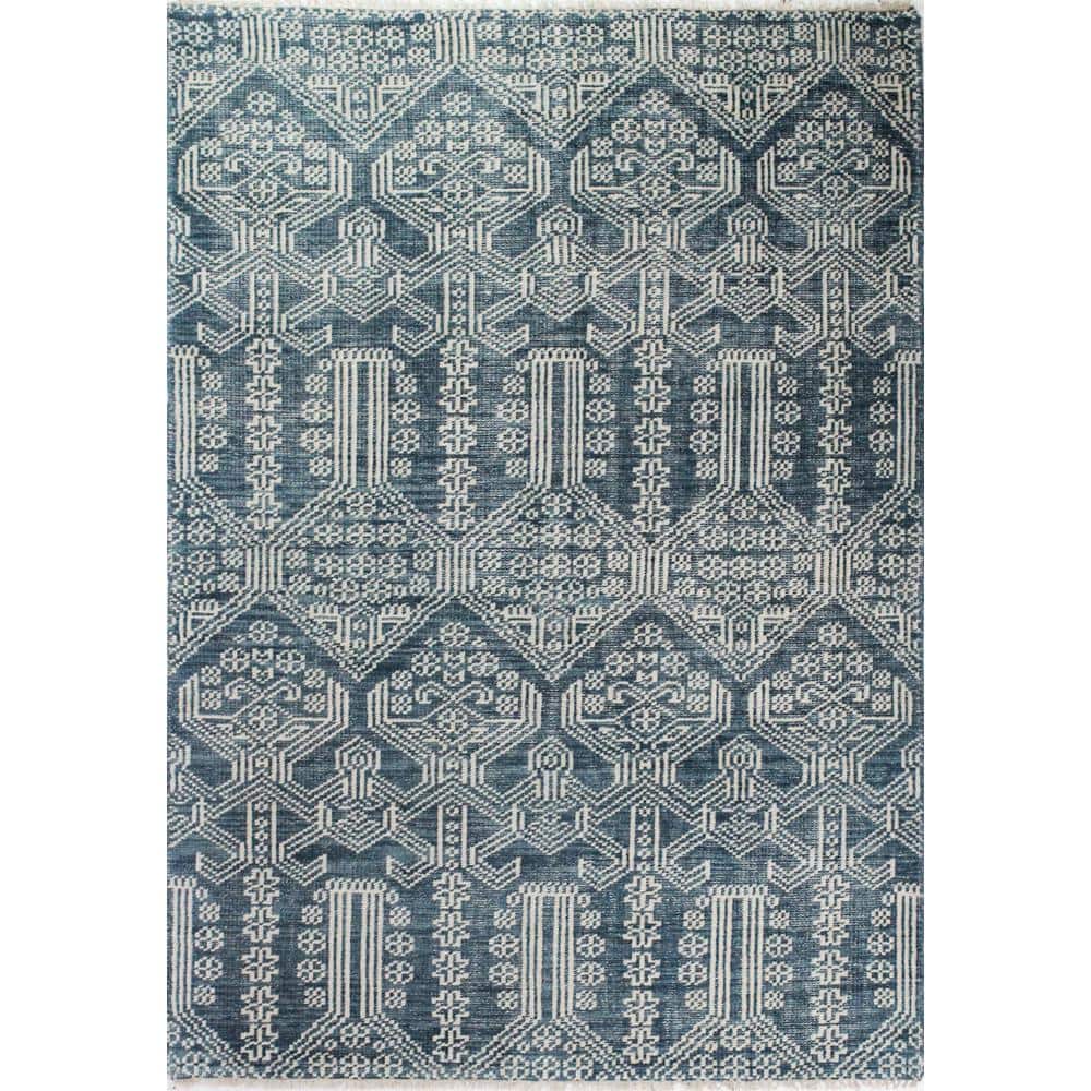 Azure Blue Geometric Wool Rectangular Area Rug 5' x 7'