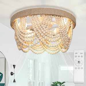 20 in. Indoor 4-Lights Wood Boho Caged Ceiling Fan with Light and Remote, Wood Bead Fandelier, Chandelier Light Fixture