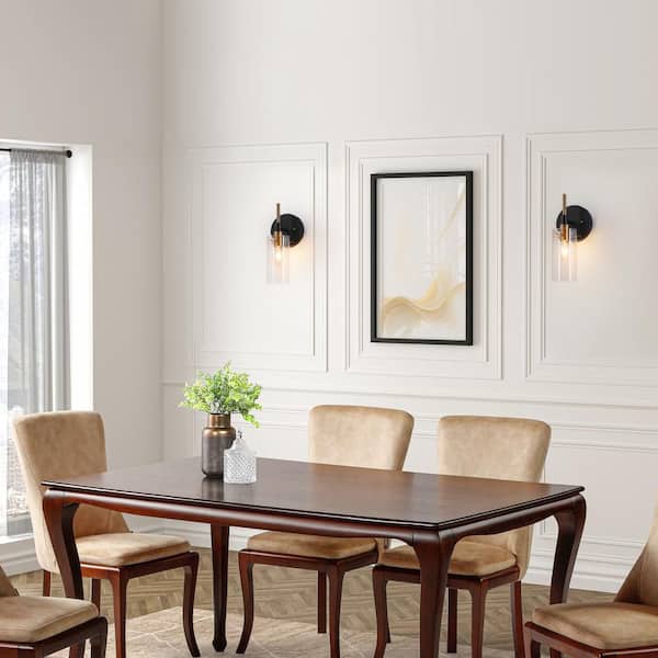 Modern 1-Light Brass Gold Wall Sconce, Black Bathroom Vanity Light with Open Cylinder Clear Glass Shades DIY Wall Light
