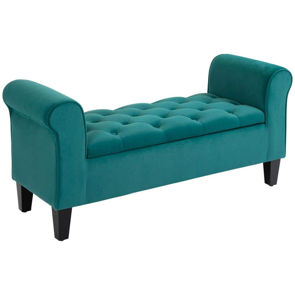 HOMCOM Green Storage Ottoman, Fabric Upholstered Bench with Armrests ...