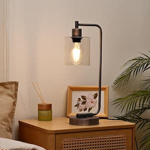 19 in. Antique Red Copper Metal Dimmable Touch Control Table Lamp with Glass Shade and USB Port