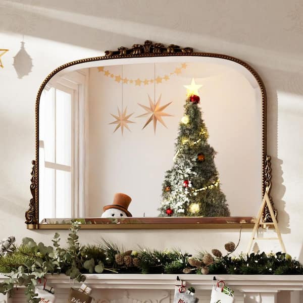 XRAMFY Antique Bronze 36 in. W x 27 in. H Arched Polyurethane Framed with Decoration Antique Vanity Wall Mirror