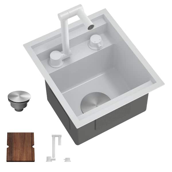 Lycvki 16-Gauge Stainless Steel 15 in. Undermount Single Bowl White Hidden Utility Kitchen Bar Sink w/Folding Faucet