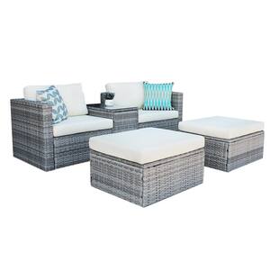 5-Pieces Outdoor Metal Steel Patio Wicker Sofa Set with White Cushion