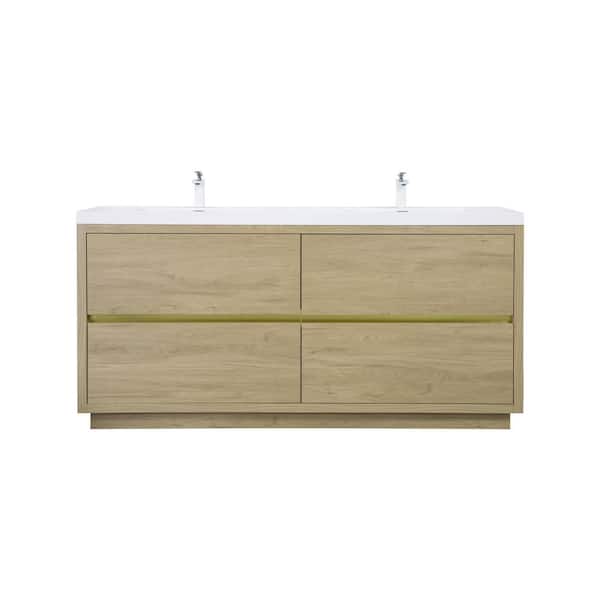 GDFSTUDIO Velta 70.8 in. Double Sinks Modern Freestanding Natural Oak Bath Vanity with White Resin Top, Cabinet, Drawers