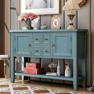 46 in. Dark Blue Rectangle Wood Console Sofa Table Buffet Sideboard with 4-Storage Drawers 2-Cabinets and Shelf