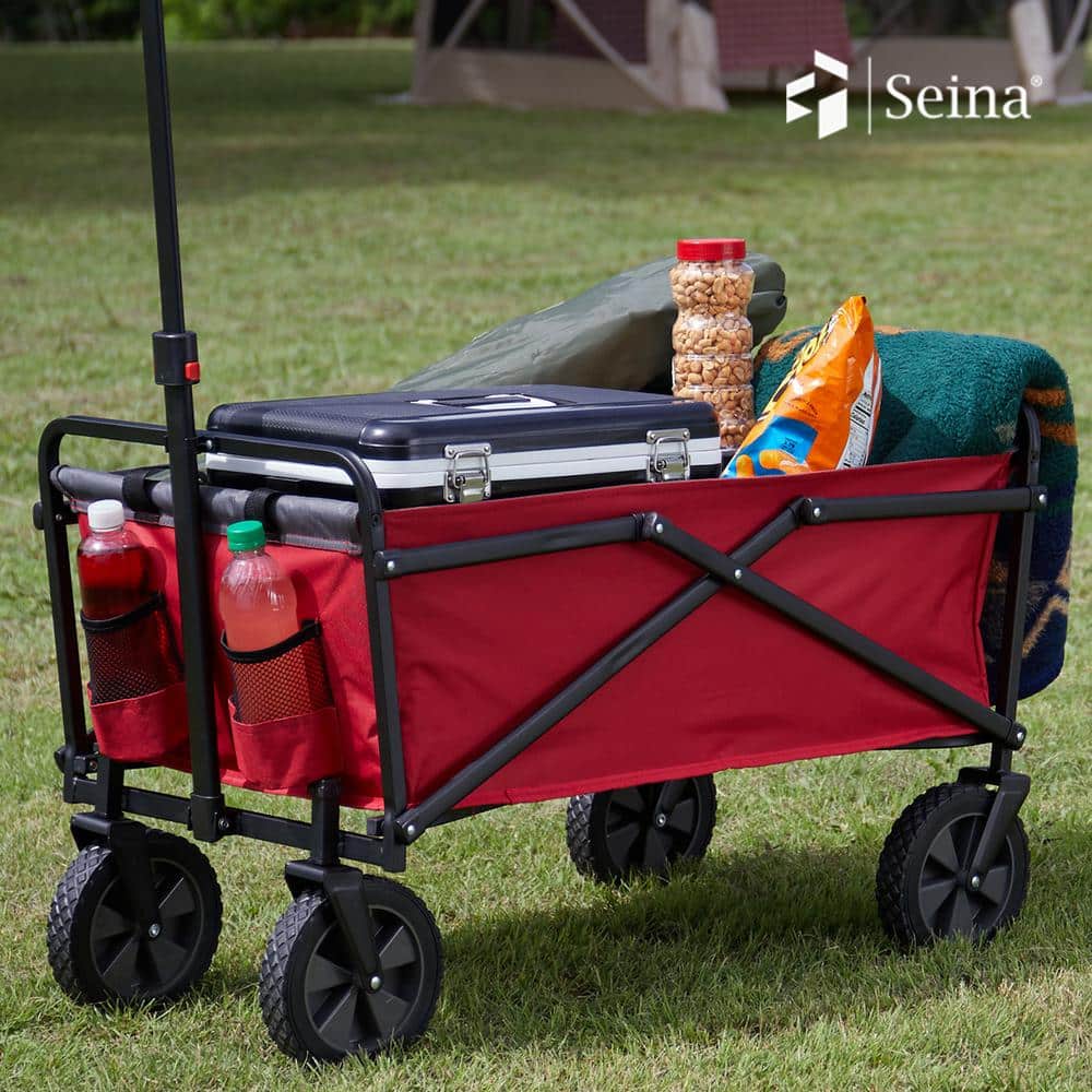 SEINA 150 lbs. Capacity 12 cu. ft. Portable Folding Steel Wagon Fabric Outdoor Garden Cart in Red SUW-300-RED-GRAY