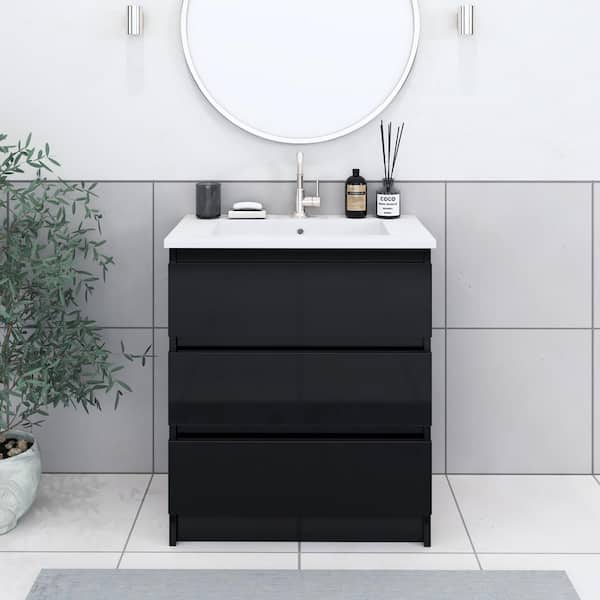 VOLPA USA AMERICAN CRAFTED VANITIES Pepper 30 in. W x 20 in. D Bath Vanity in Glossy Black with Acrylic Vanity Top in White with White Basin