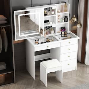 White Makeup Vanity Set Dressing Desk with Glass Top, Sliding LED Lighted Mirror, Drawers, Storage Shelves and Stool