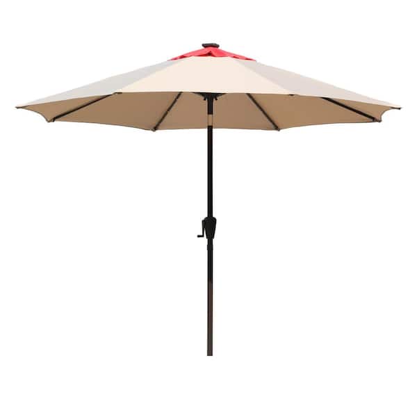 CASAINC 9 ft. Cast Aluminum Patio Market Umbrella with 32 LED Solar Lights in Light Tan and Red