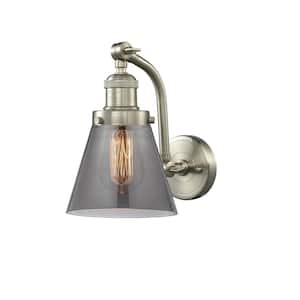 Cone 6.5 in. 1-Light Brushed Satin Nickel Wall Sconce with Plated Smoke Glass Shade