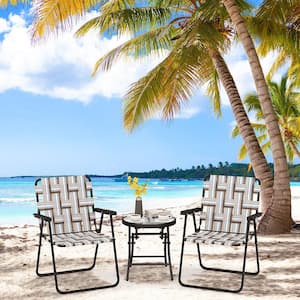 Coffee Metal Folding Lawn Beach Chair Portable Sand Chair Set of 2 w/Elegant Weaving Design