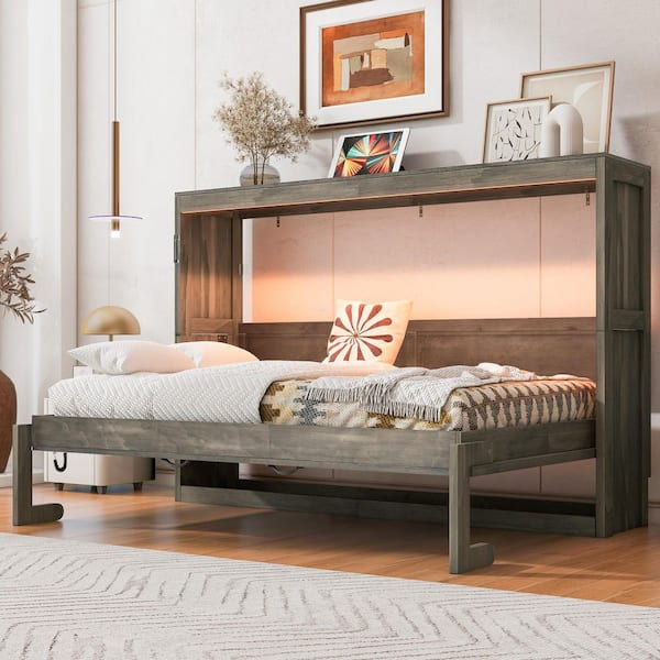 Kilian Brown Wood Frame Twin Size Murphy Bed with LED Light, Hidden Wall Bed Cabinet