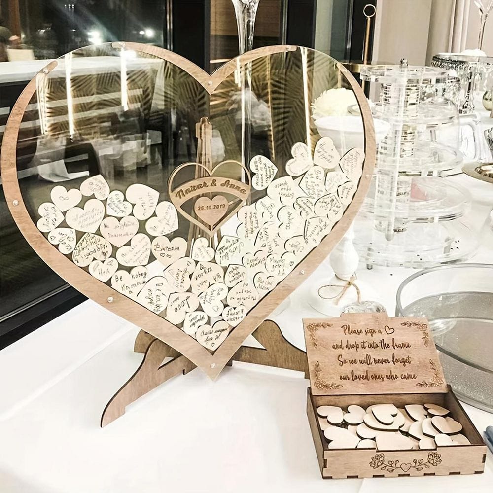 Brown Wooden & Acrylic Love Heart Guestbook Box With 80pcs