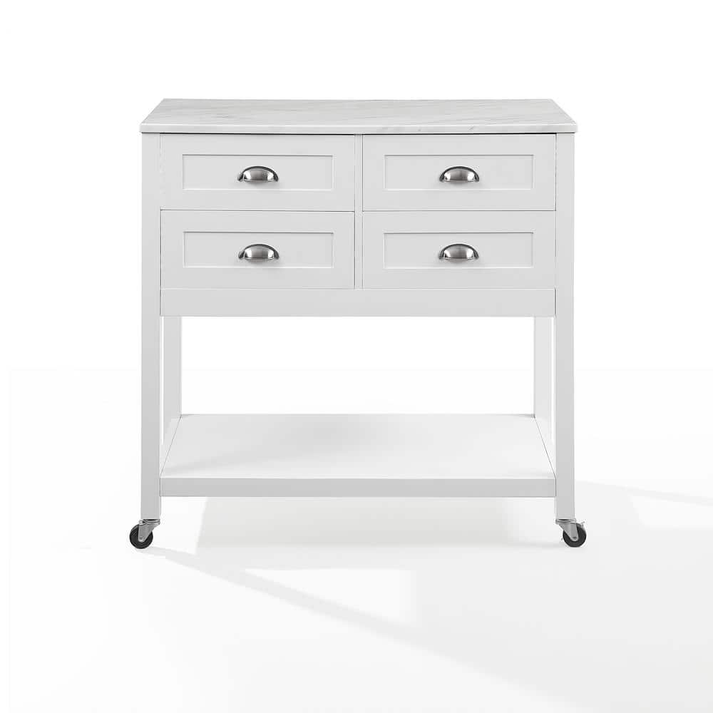 White Faux Marble Top Kitchen Island Cart with Storage