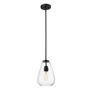 Ayra 100-Watt 1-Light 8 in. Matte Black Shaded Pendant Light with Clear Glass Shade No Bulbs Included