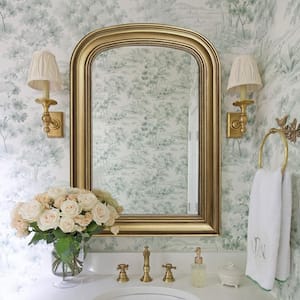 23.6 in. W x 33.5 in. H Ornate Baroque Brass Classic Finely Carved Wooden Frame Arched Wall Mirror