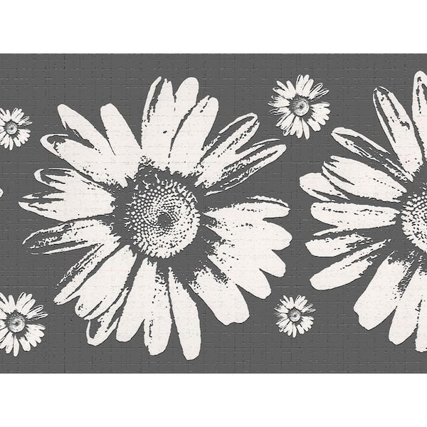 Dundee Deco Falkirk Dandy II Grey White Sunflowers Floral Peel and Stick Wallpaper Border