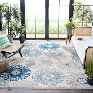 Cabana Gray/Blue 8 ft. x 10 ft. Border Floral Indoor/Outdoor Patio  Area Rug