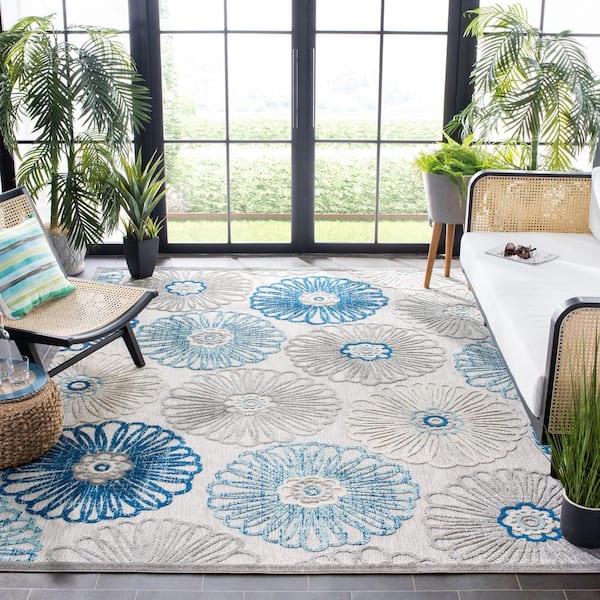Cabana Gray/Blue 8 ft. x 8 ft. Border Floral Indoor/Outdoor Patio  Square Area Rug