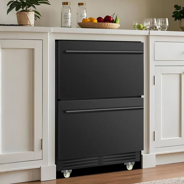 Alavoco Mini Fridge Stand With 2 Drawers - 120LBS Capacity, Metal Frame, 4 Swivel Wheels, Black Kitchen Cart