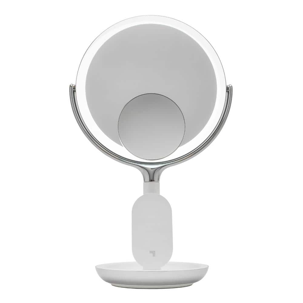 Sharper Image 8 in. x 8 in. Round Table Top Bathroom LED Mirror with Wireless Charger, Silver -  1014289