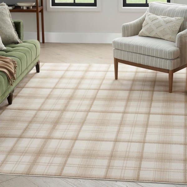 Grafix Ivory Beige 5 ft. x 7 ft. Plaid Contemporary Area Rug