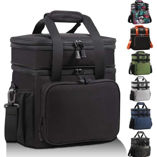 17 qt. Expandable Insulated Large Lunch Box Double Deck Heavy Duty Durable Leakproof Cooler Bag 20 Can Capacity Black