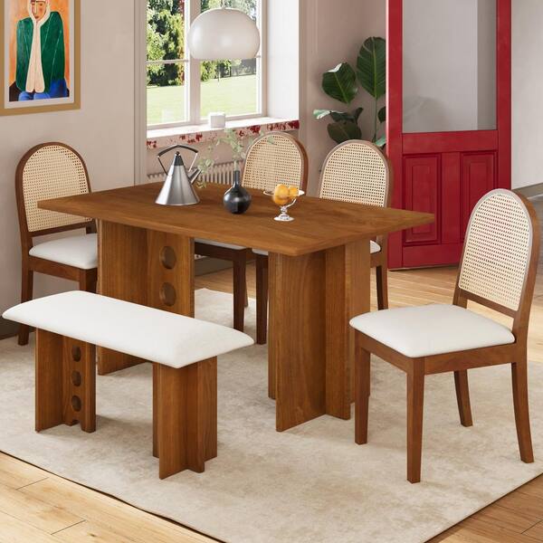 Harper & Bright Designs 6-Piece Walnut Wood Top Dining Set with 4 Rattan Backrests and Linen Upholstered Chairs, Bench